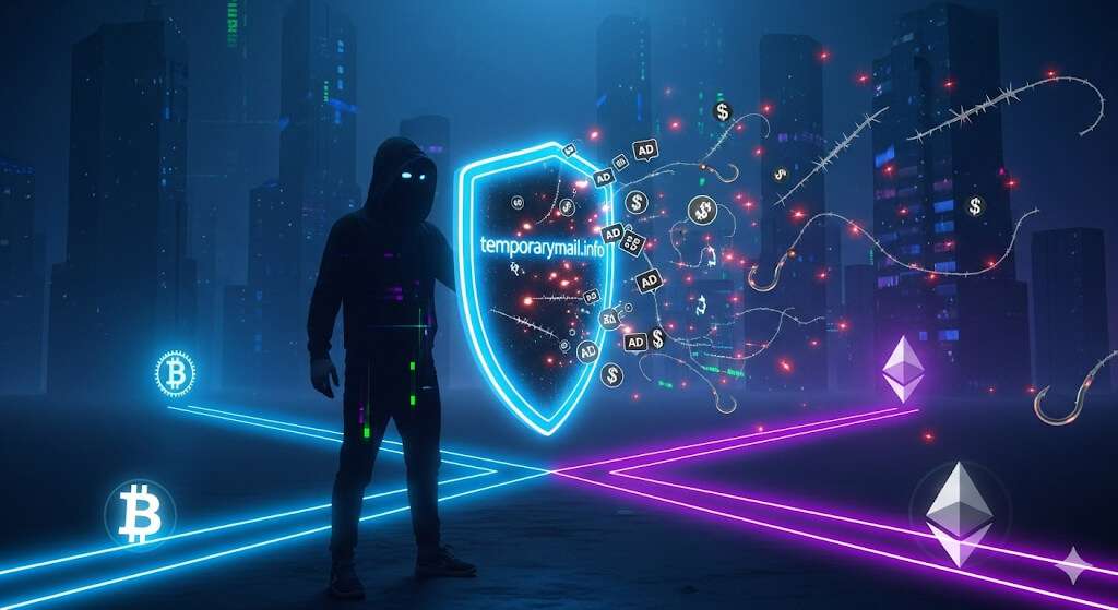 User privacy protected by a temporary email from temporarymail.info, depicted as a shield deflecting spam while exploring cryptocurrency platforms like Bitcoin and Ethereum. Illustrates email security in crypto