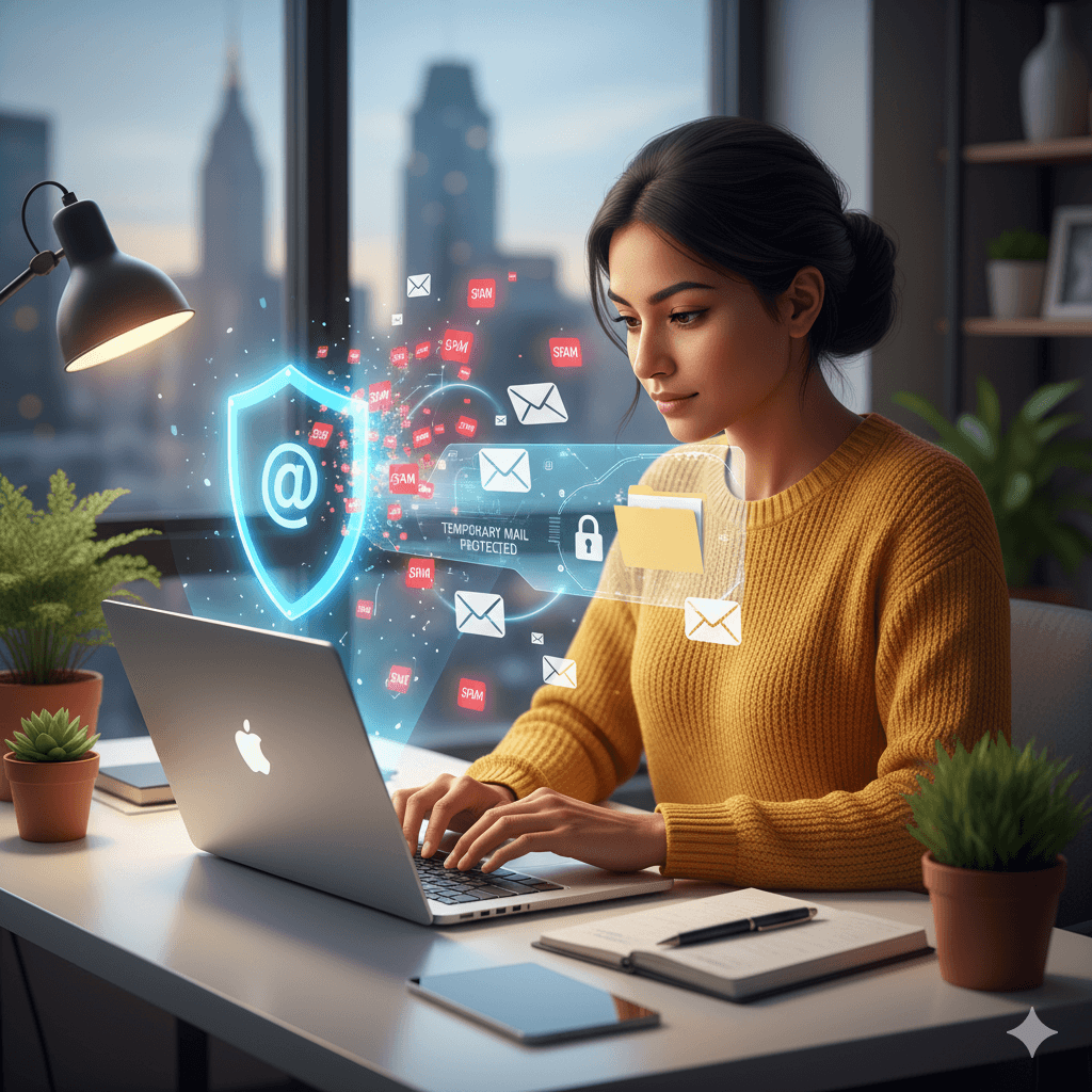 Female freelancer working on a laptop, surrounded by email icons and a glowing shield symbolizing privacy and security, reflecting the importance of temporary email for digital identity protection